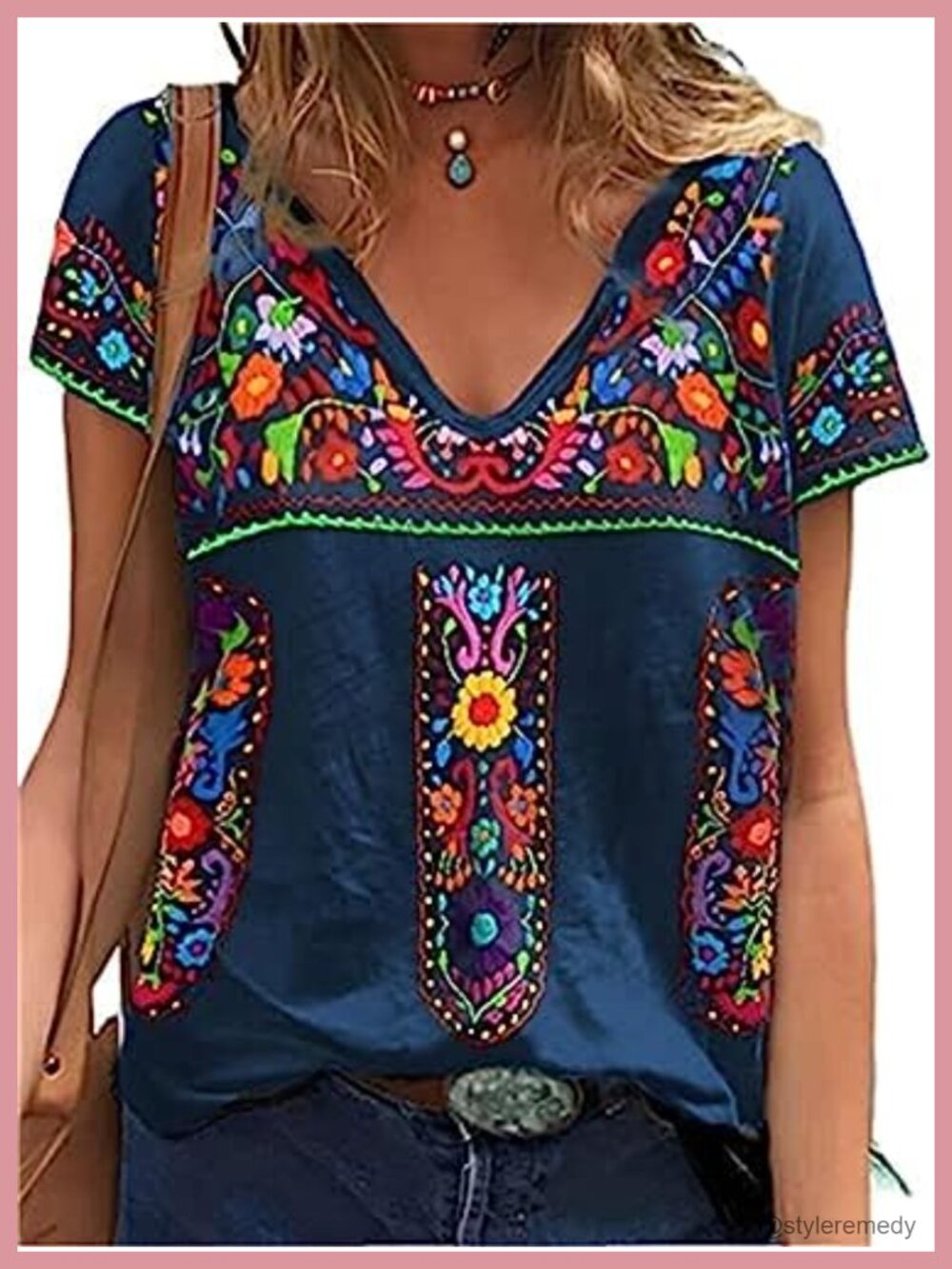 Melliflo Embroidered Boho T-Shirt V-Neck Short Sleeve Casual Top